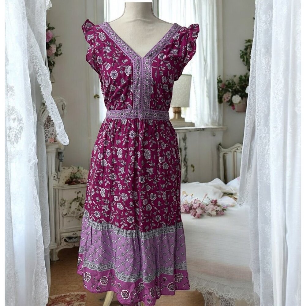 2022 LOFT Floral Print Tiered Cotton Midi Dress With Ruffle Sleeves Size 8P